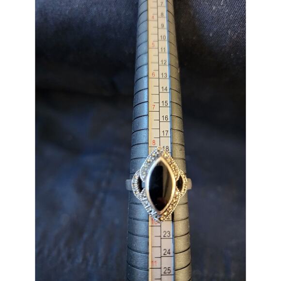 Regency Jewelry - Silver 925 Marcasite And Black Stone Regency Bridgerton Style Ring Size 9